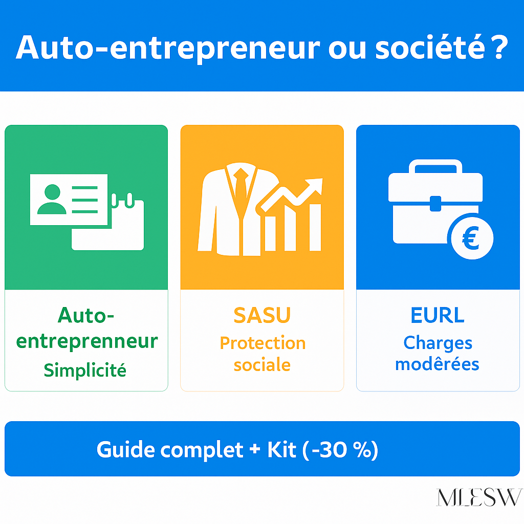 Comparatif auto‑entrepreneur vs société (SASU, EURL) : formalités, charges, protection sociale et évolution.