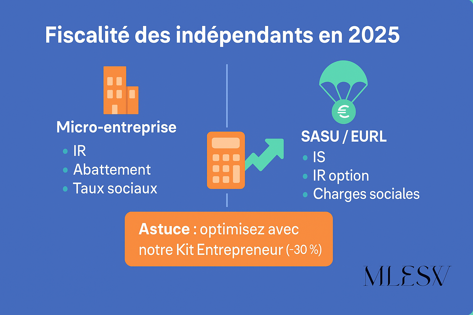 Infographie sur la fiscalité des indépendants en 2025 : micro-entreprise, EI, EURL, SASU (impôts, charges, options IR/IS).
