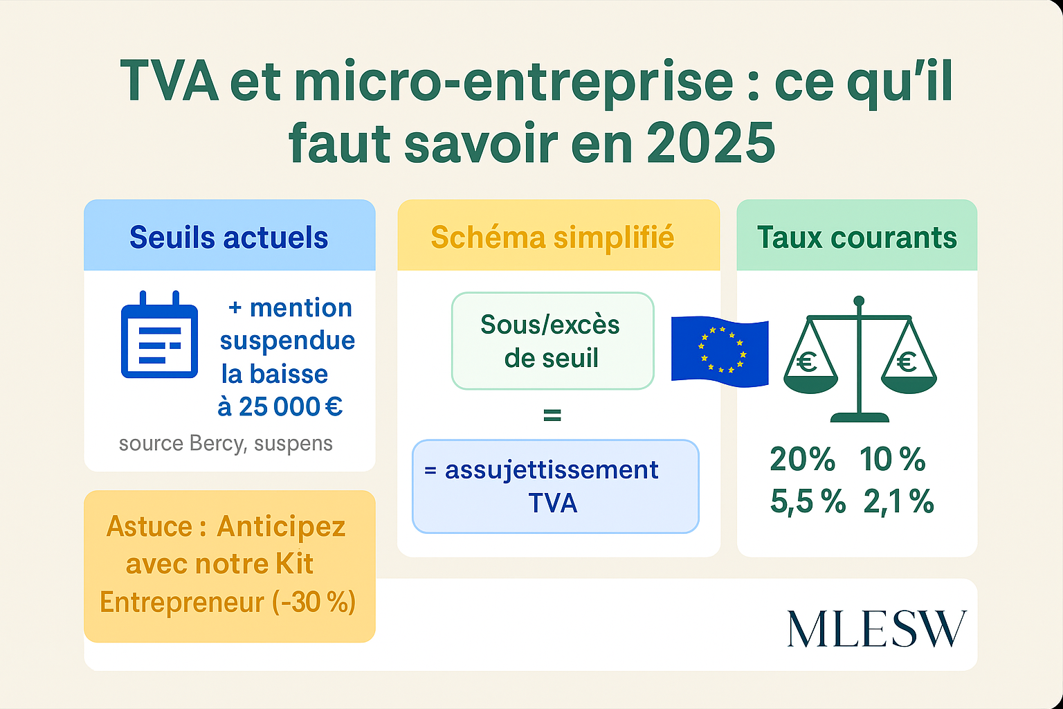 Infographie TVA auto‑entrepreneur 2025 : seuils, suspension réforme 25 000 €, obligations et options.