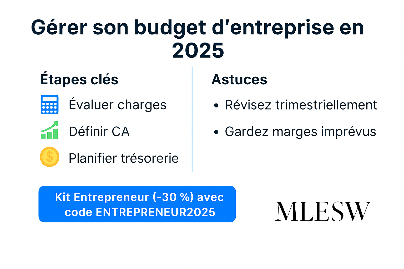 Infographie : Gérer son budget d’entreprise (étapes clés, outils, erreurs à éviter).