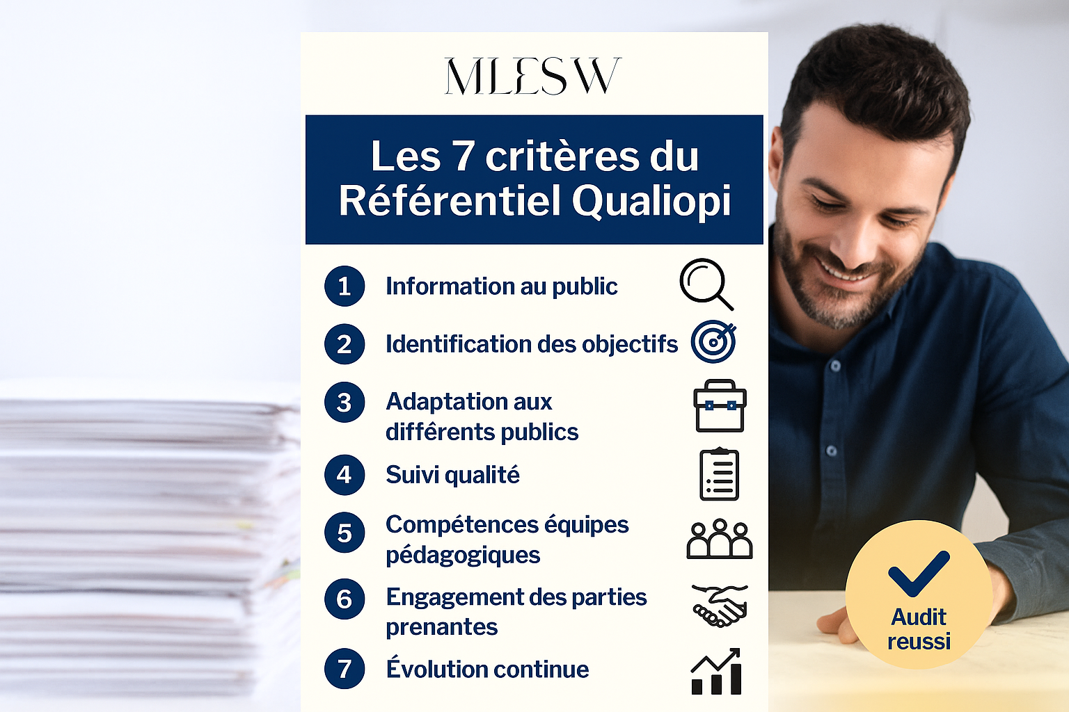 Visuel explicatif des 7 critères Qualiopi avec pictogrammes clairs, checklist et documentation qualité.