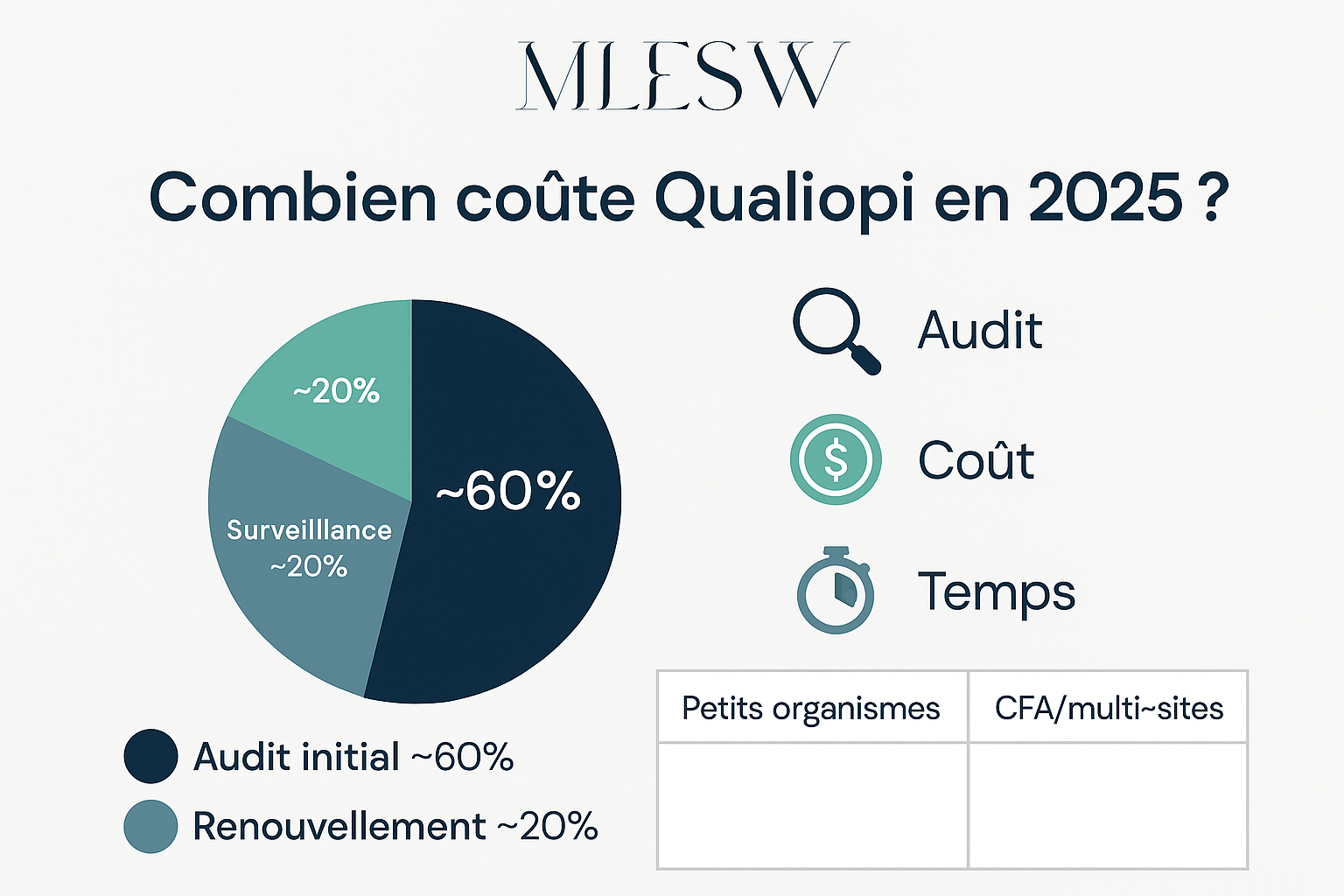 Illustration budgétaire Qualiopi : calcul des coûts (audit initial, surveillance, renouvellement) avec icônes de calcul, graphiques et devis.
