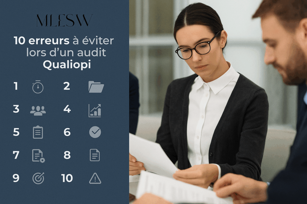 Illustration d’un formateur stressé devant un dossier Qualiopi incomplet, avec des croix rouges sur les documents, symbolisant les erreurs à éviter.