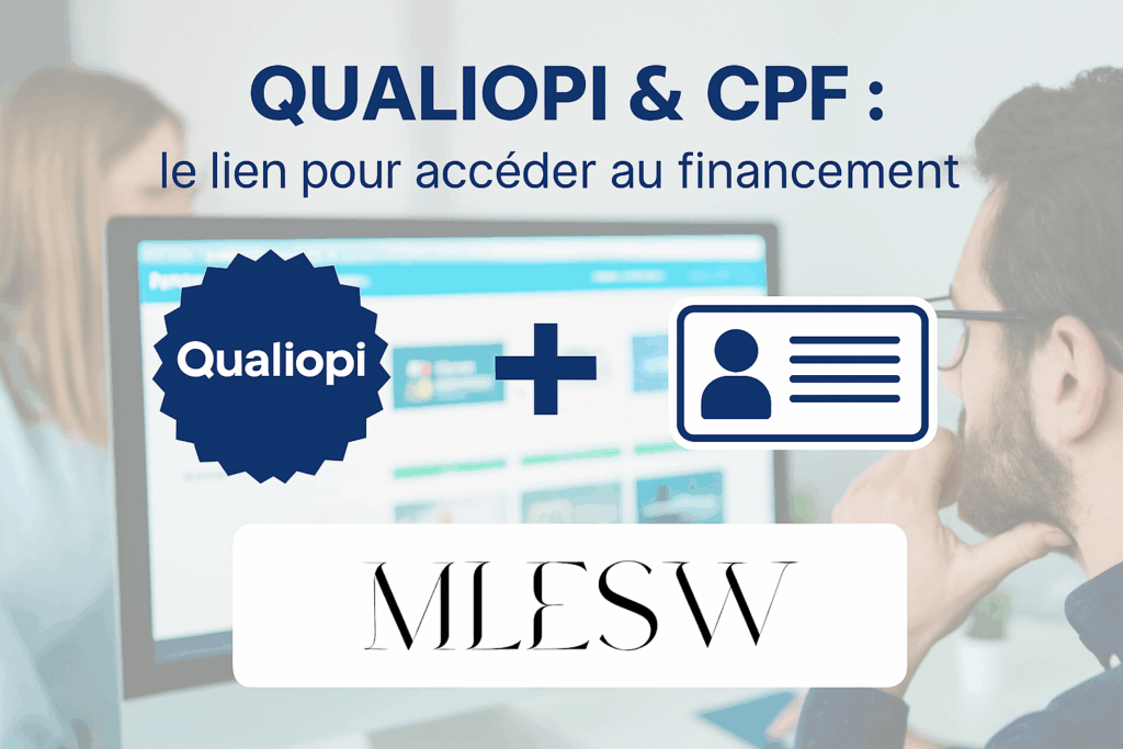 Illustration représentant un dossier dossier Qualiopi avec un logo CPF, symbolisant l’éligibilité au financement CPF pour les formations.