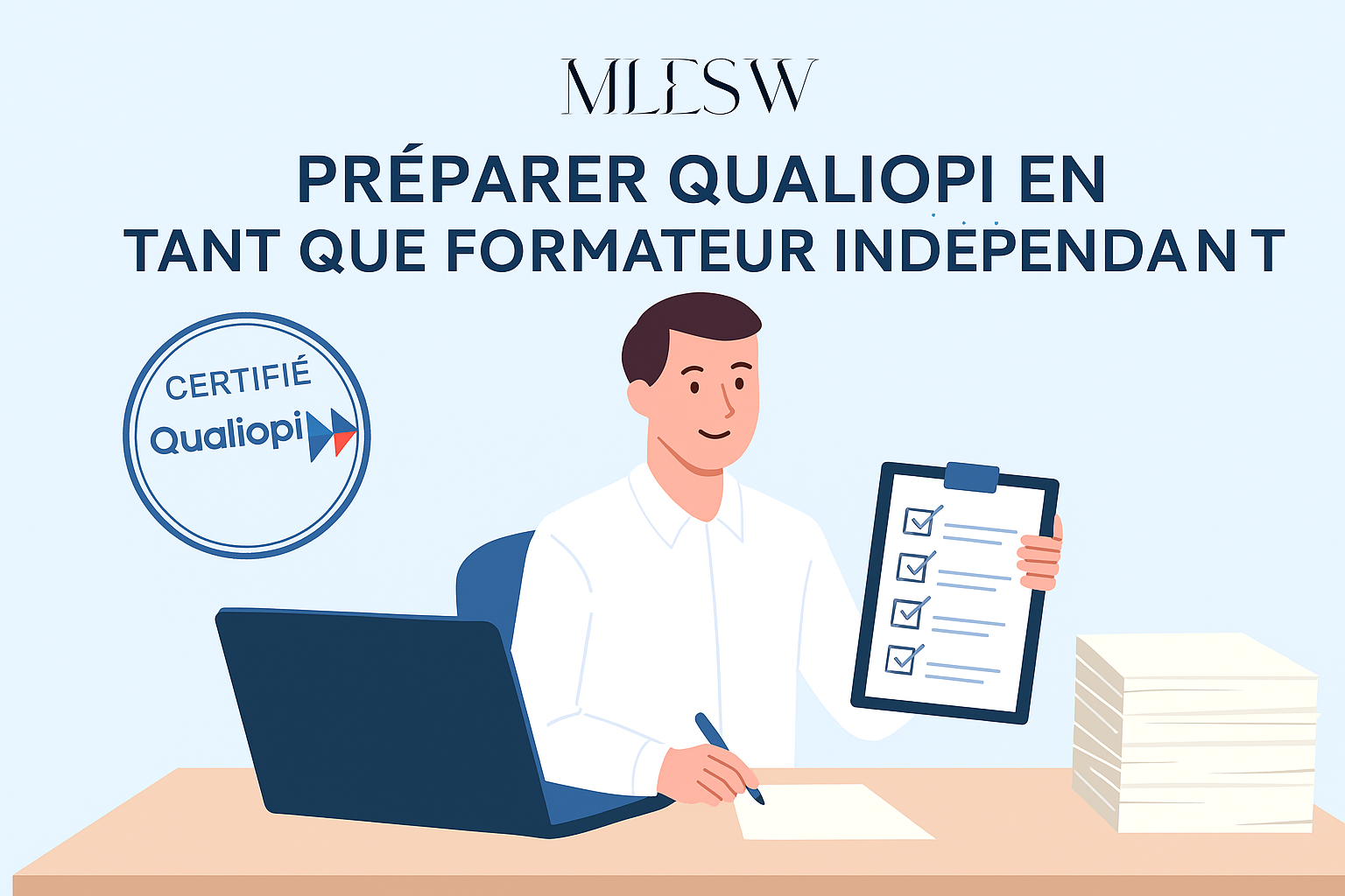 Formateur indépendant travaillant sur un dossier Qualiopi : documents, ordinateur, checklist et logo Qualiopi.