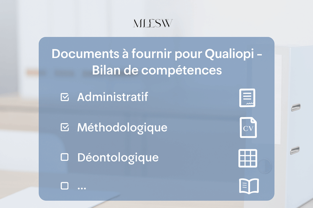 Illustration d’un dossier complet Qualiopi pour bilan de compétences : conventions, grilles APS, synthèses, démarches qualité.