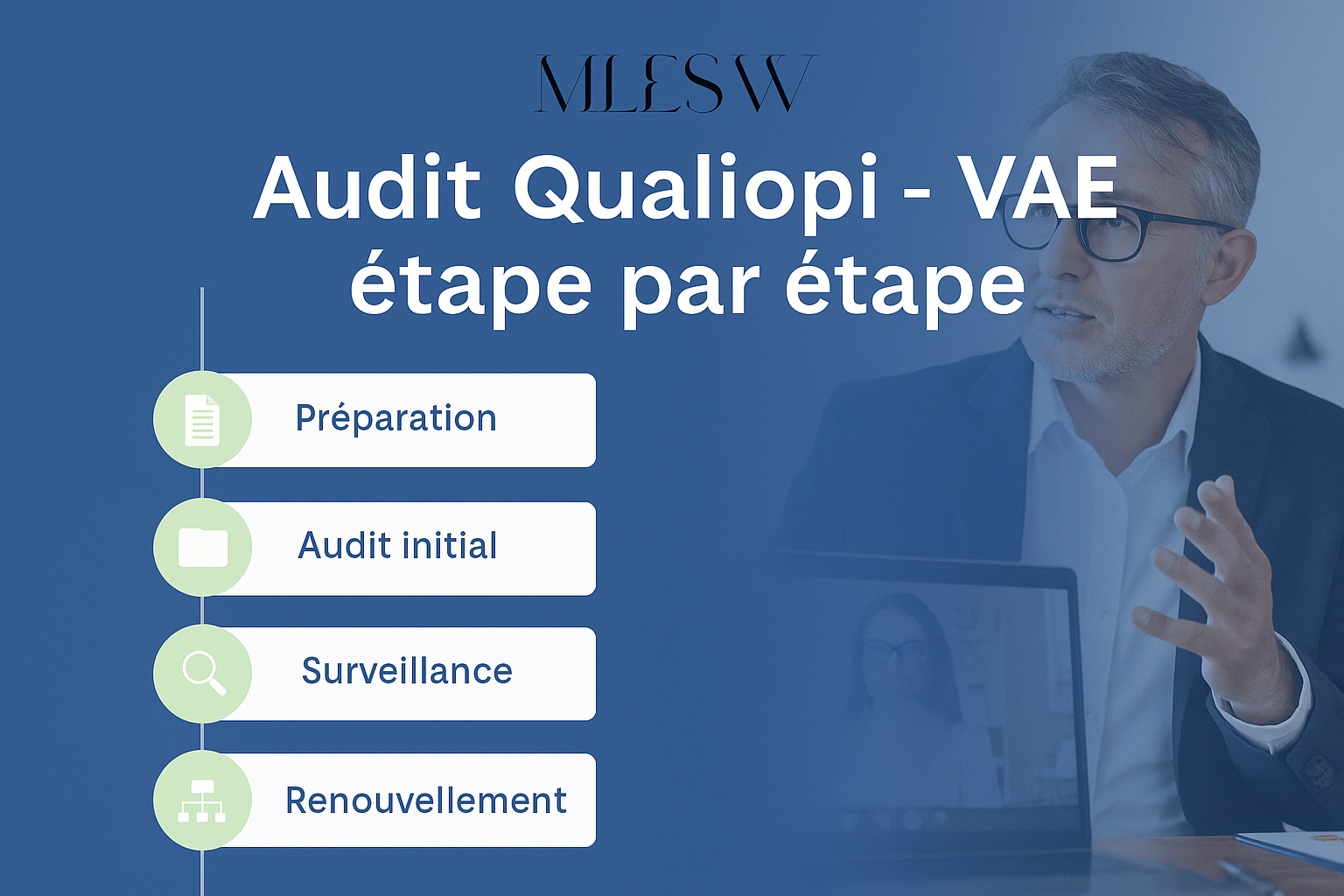 Illustration d’un dossier de VAE avec logo Qualiopi, documents d’accompagnement, checklists et évaluations, symbolisant la réussite d’un audit Qualiopi VAE.