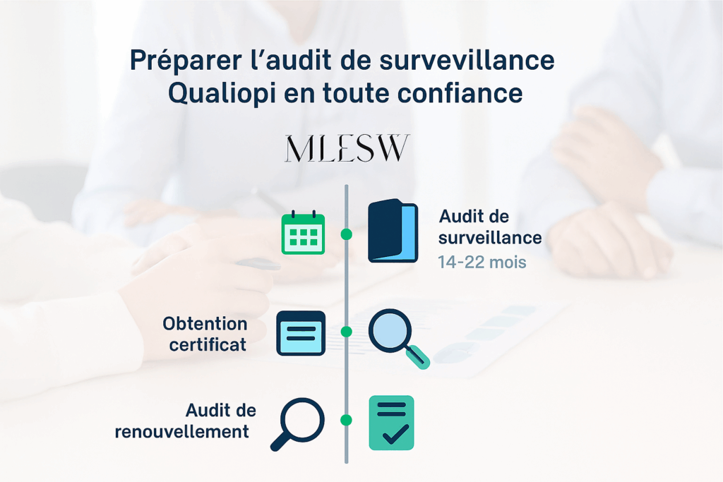 Illustration d’un formateur consultant un audit de surveillance Qualiopi, dossiers bien rangés et planning de suivi qualité.