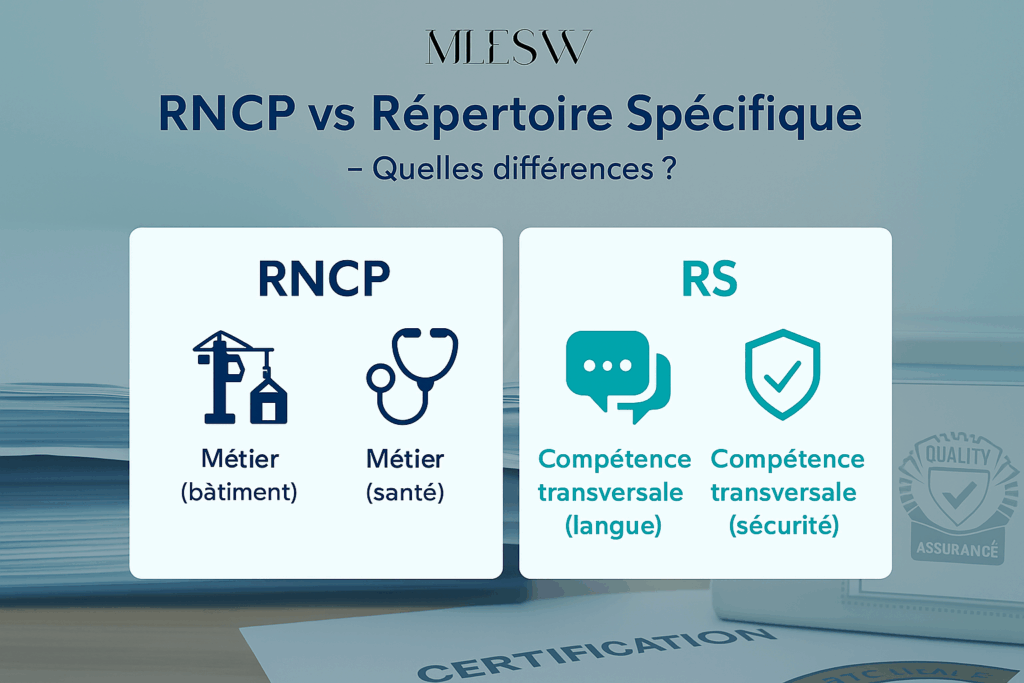 Illustration comparative entre RNCP et Répertoire Spécifique : deux colonnes symbolisant métiers et compétences, logos RNCP et RS, dossier qualité.