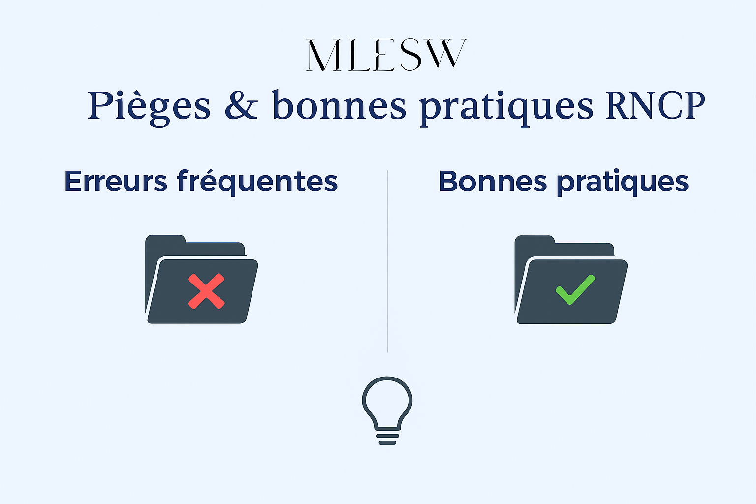 Illustration d’un dossier RNCP incomplet avec croix rouge montrant les erreurs fréquentes, accompagné d’une check‑list corrective.