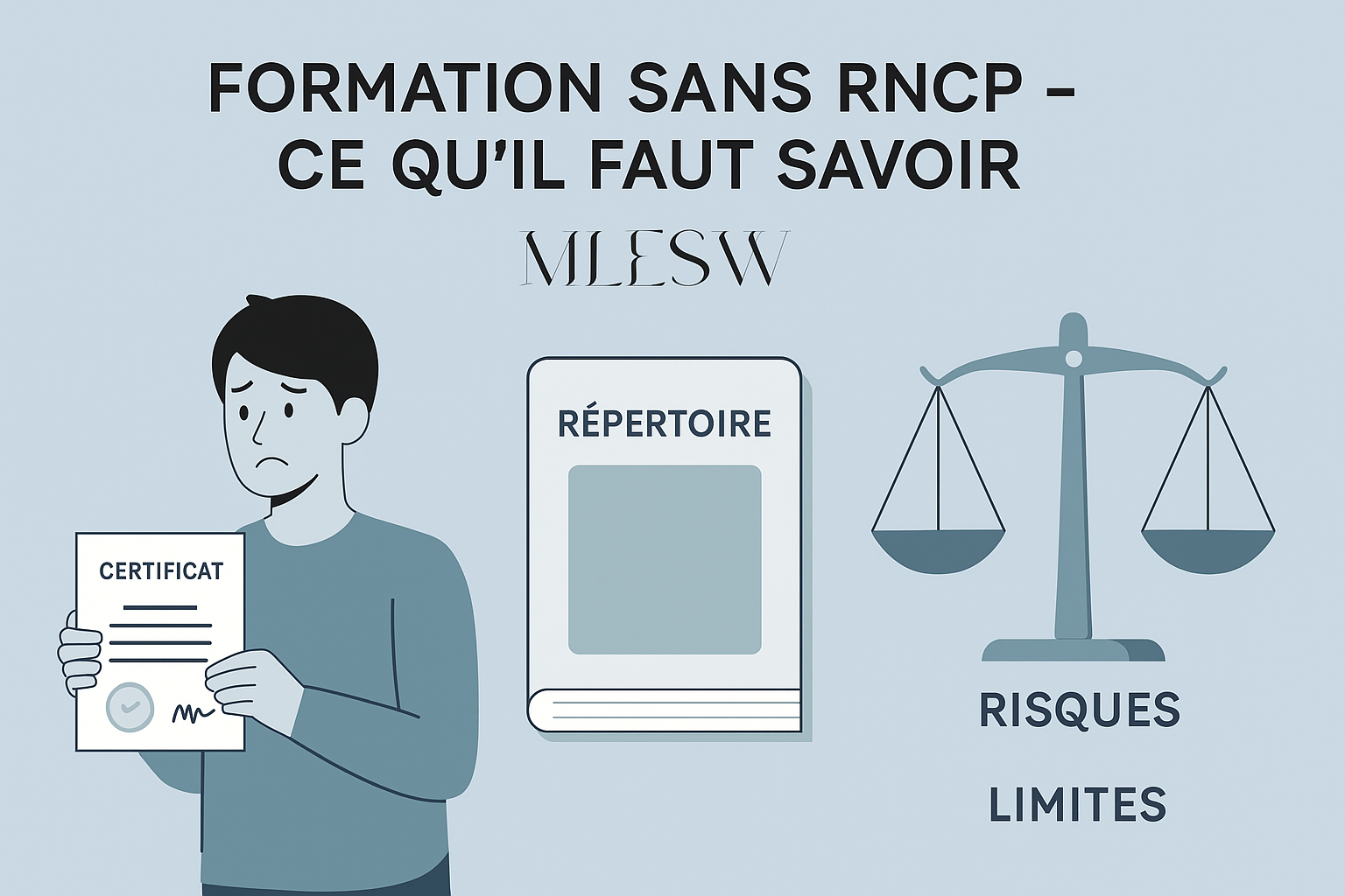 Illustration d’une formation vendue sans numéro RNCP, avec badge douteux et stagiaires incertains.