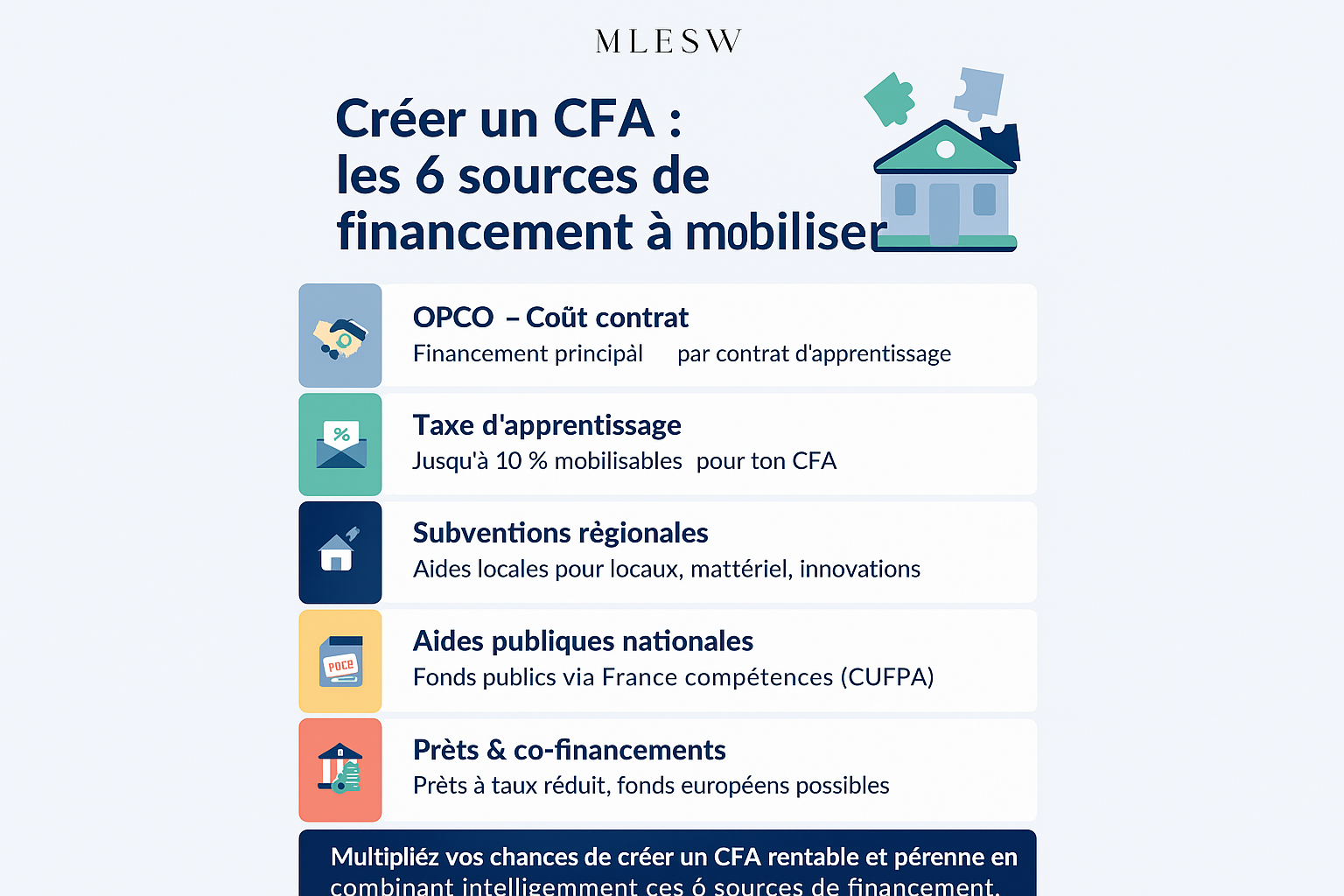 Schéma des sources de financement pour un CFA : OPCO, taxe d’apprentissage, subventions régionales, aides aux apprentis.