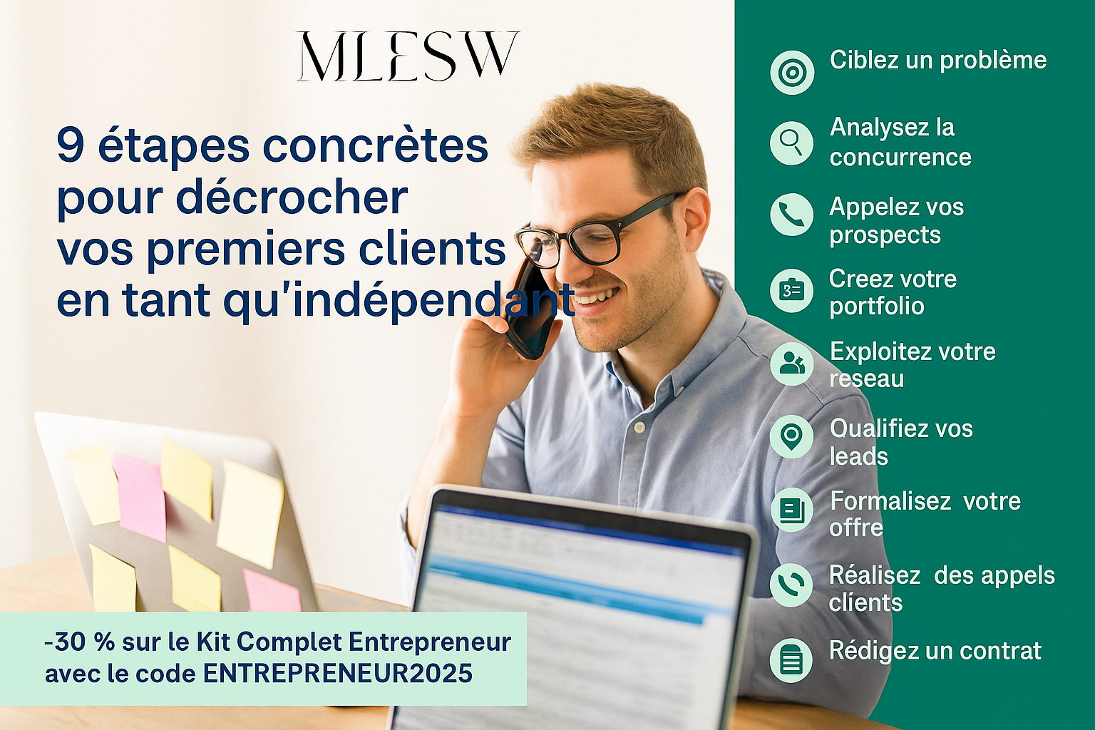 Indépendant commercial en pleine prospection : ordinateur, téléphone, CRM affiché, ambiance professionnelle.