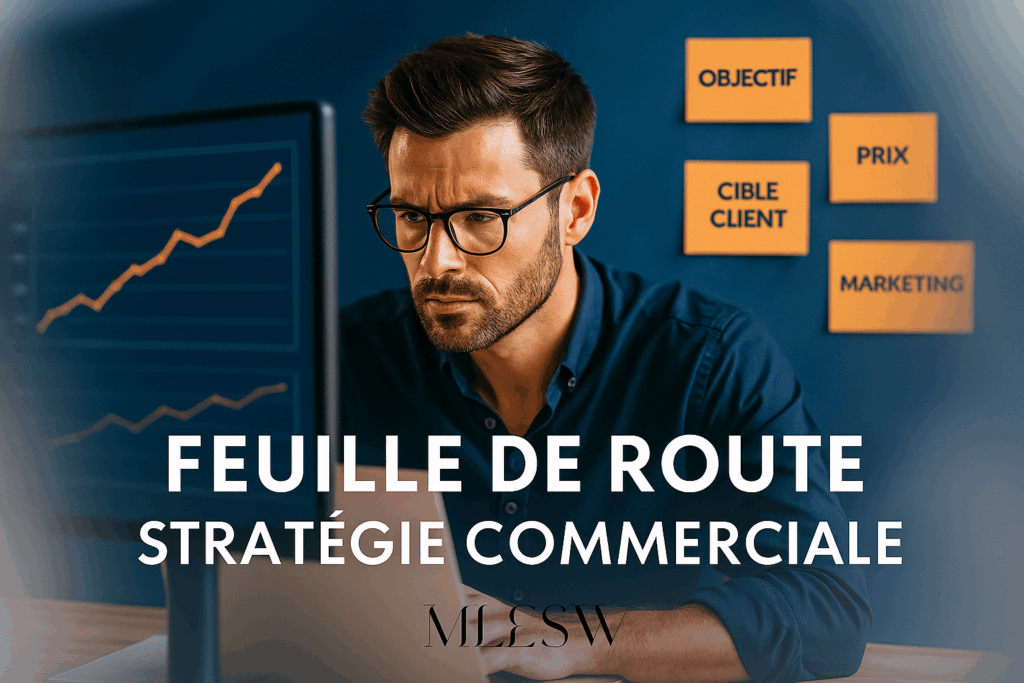 Schéma d'une stratégie commerciale avec objectifs, positionnement, tarification, communication et canaux de vente.