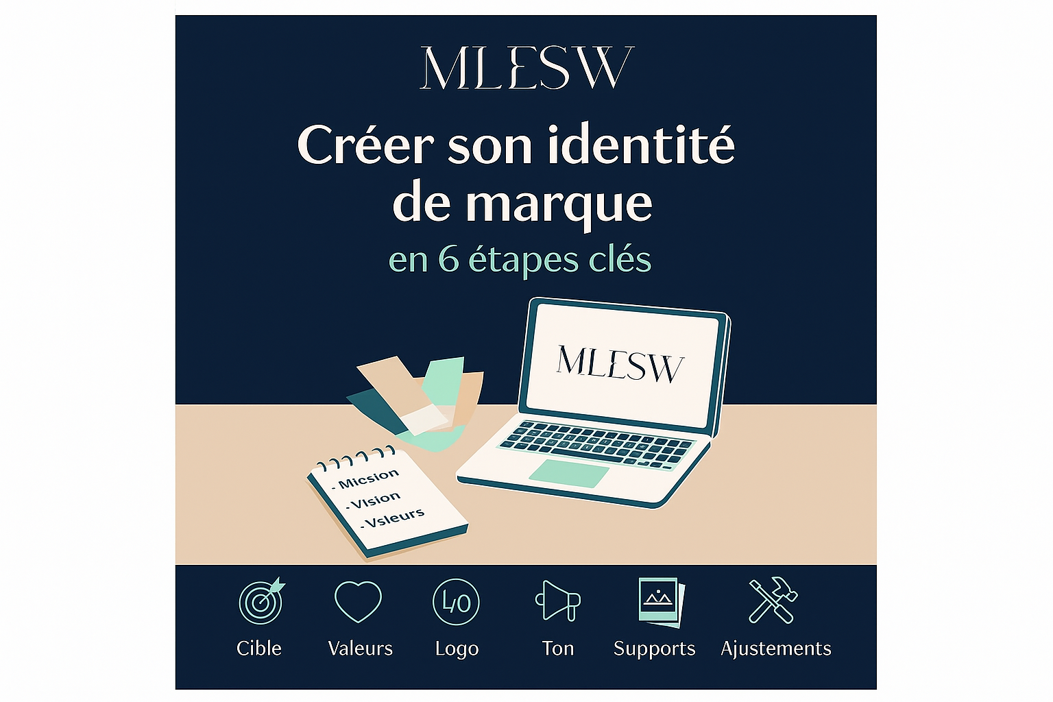 Illustration d’un processus de création d’identité de marque avec logo, couleurs, typographie, ton de voix et valeurs clés.