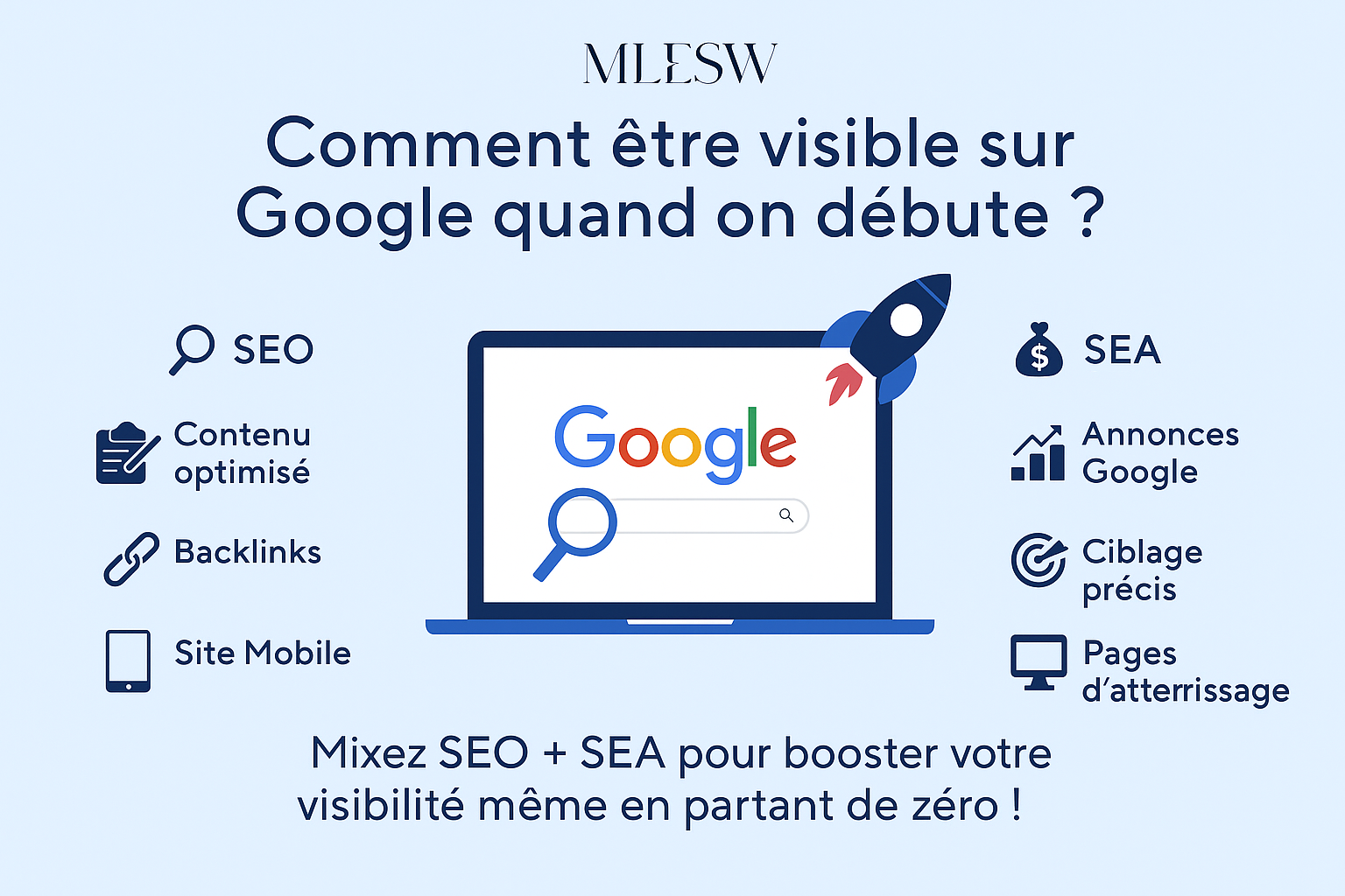 Infographie montrant les étapes pour améliorer la visibilité d’un site internet d’entrepreneur sur Google avec SEO et SEA