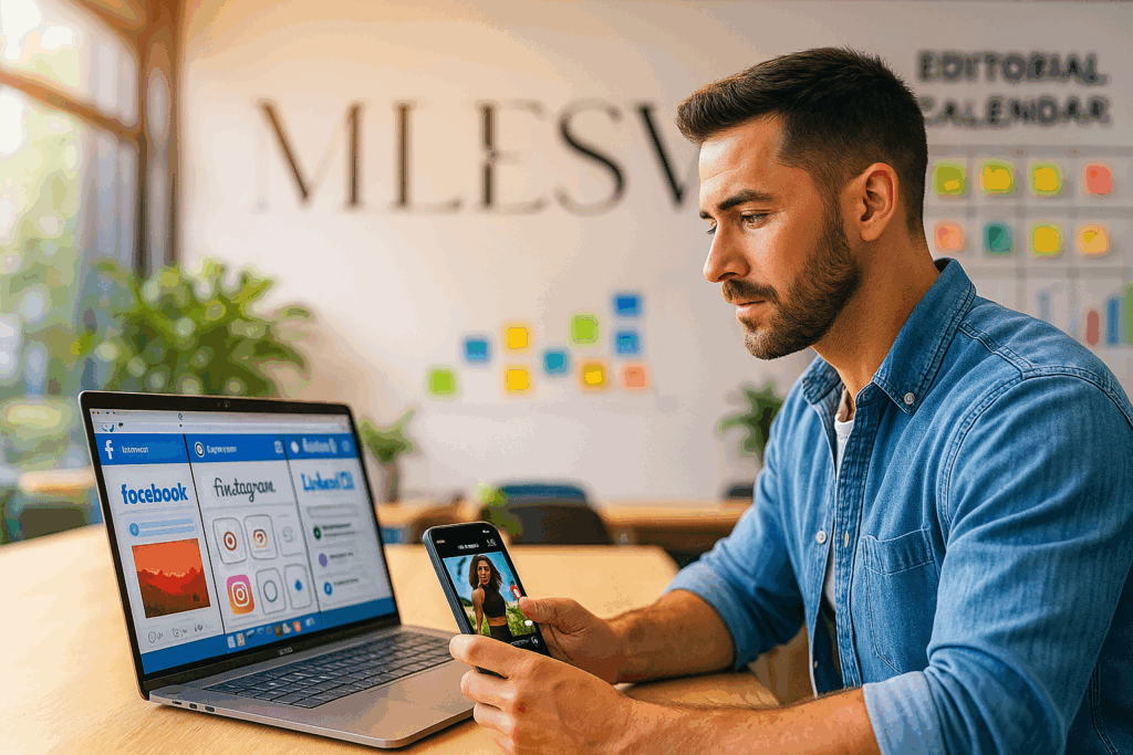 Entrepreneur travaillant sur un ordinateur, gérant ses réseaux sociaux pour développer son activité.