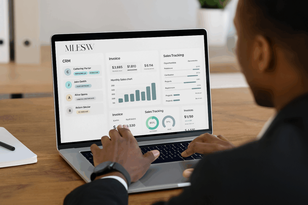 Tableau de bord d’outils de gestion avec CRM, facturation et suivi commercial pour entrepreneurs