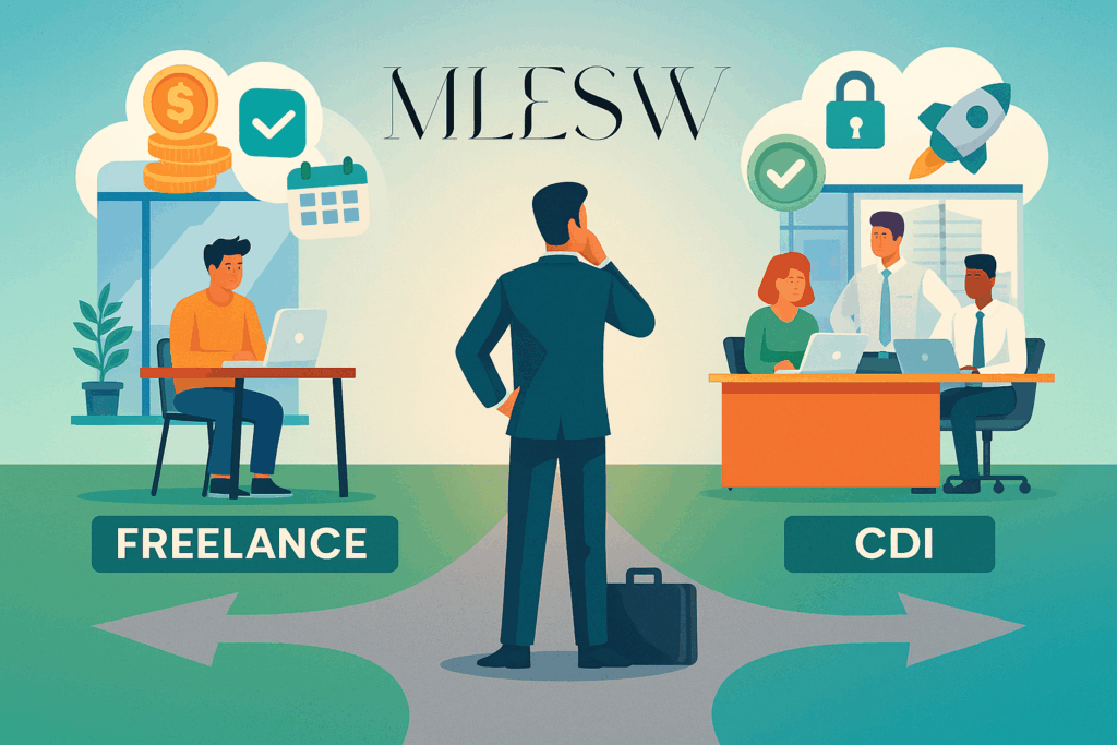 Comparatif visuel entre freelance et CDI avec avantages, inconvénients et coûts cachés.