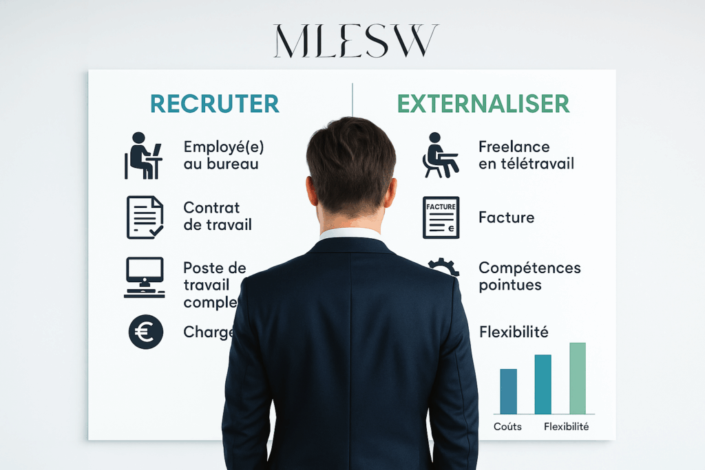 Illustration comparant les coûts et avantages du recrutement interne et de l’externalisation.