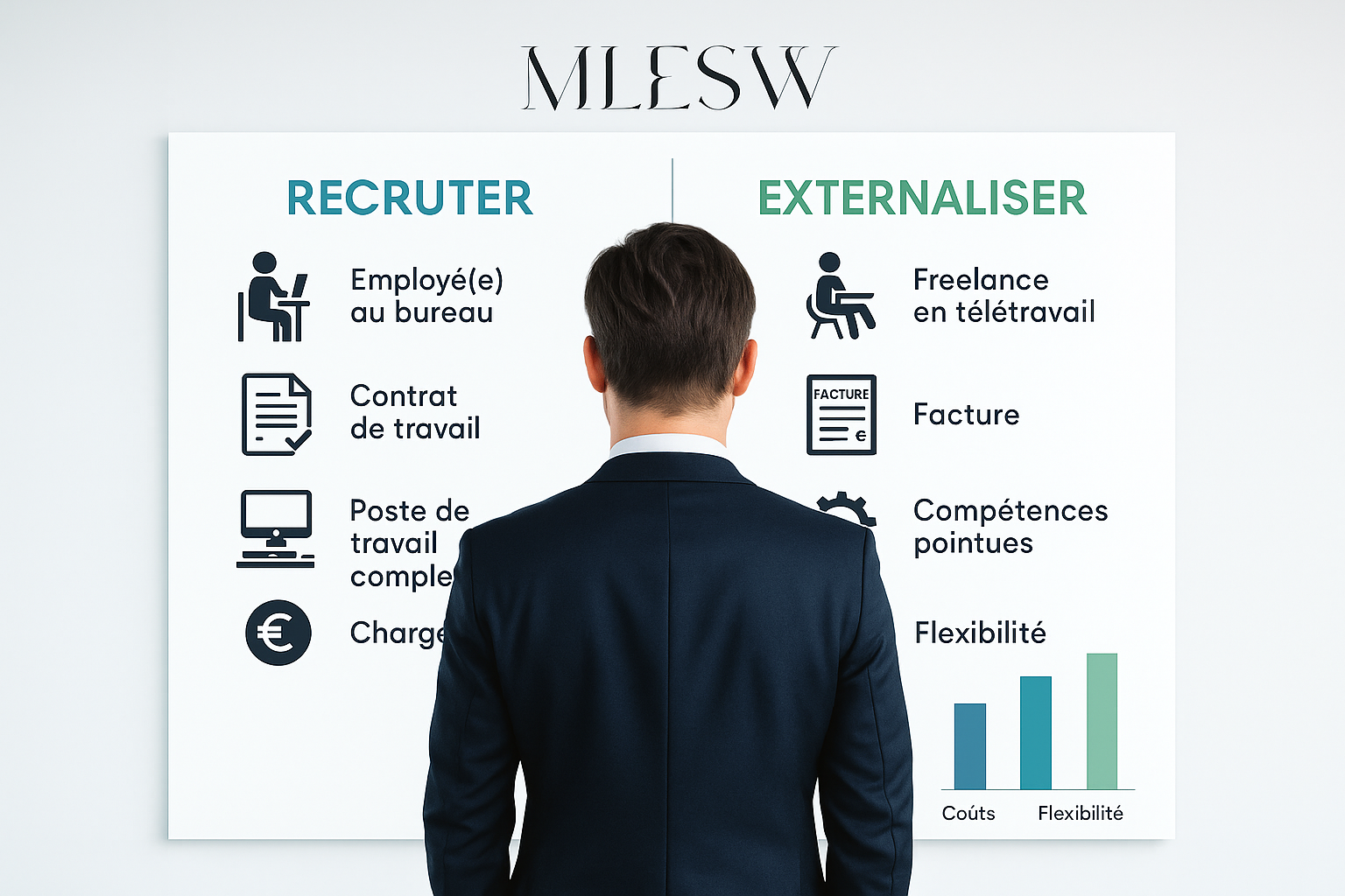 Illustration comparant les coûts et avantages du recrutement interne et de l’externalisation.

