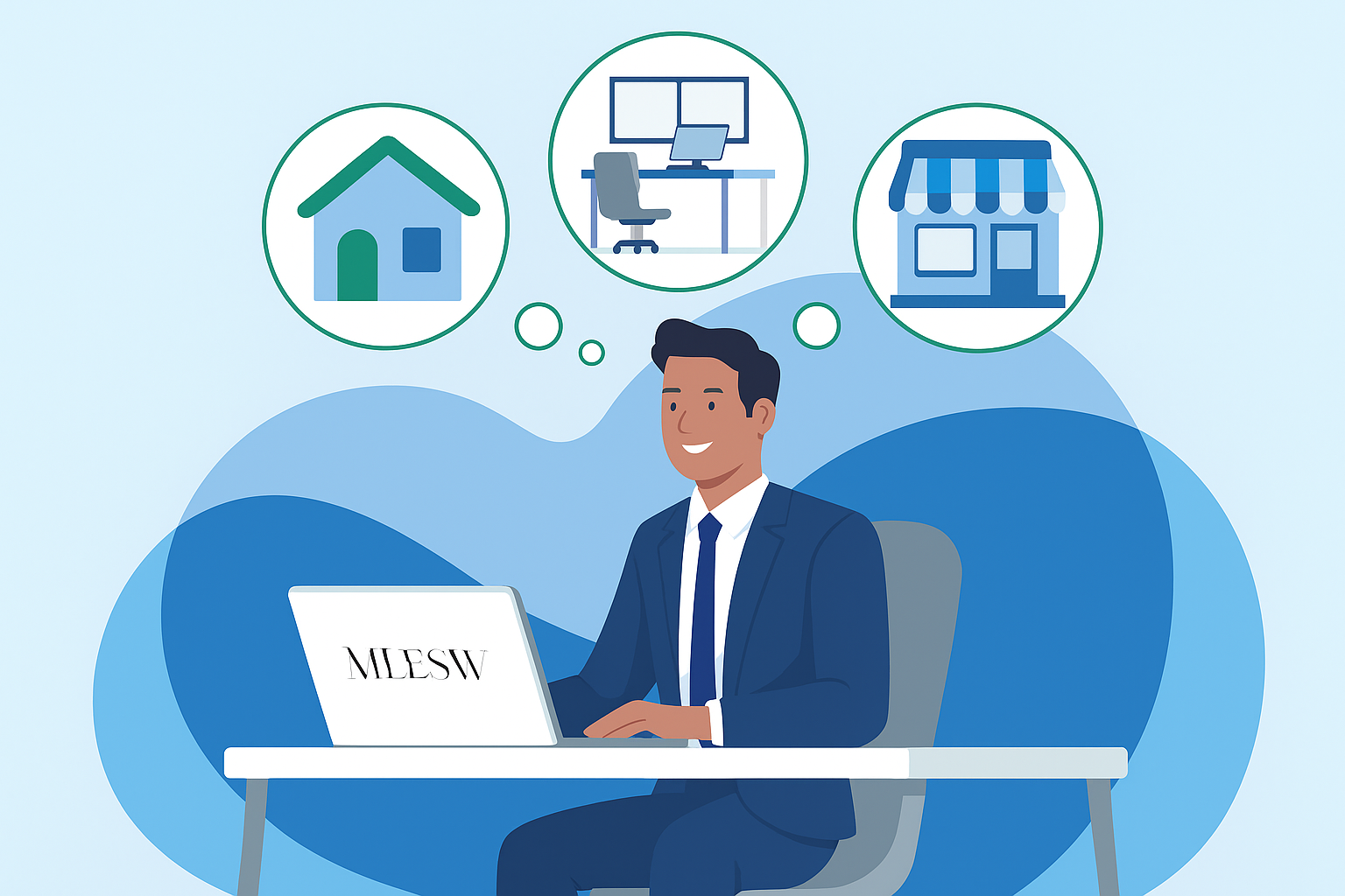 Infographie montrant un entrepreneur hésitant entre travailler de chez lui, louer un local ou utiliser un espace de coworking