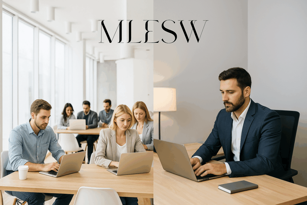 Comparaison visuelle entre un espace de coworking moderne et un bureau privatif traditionnel